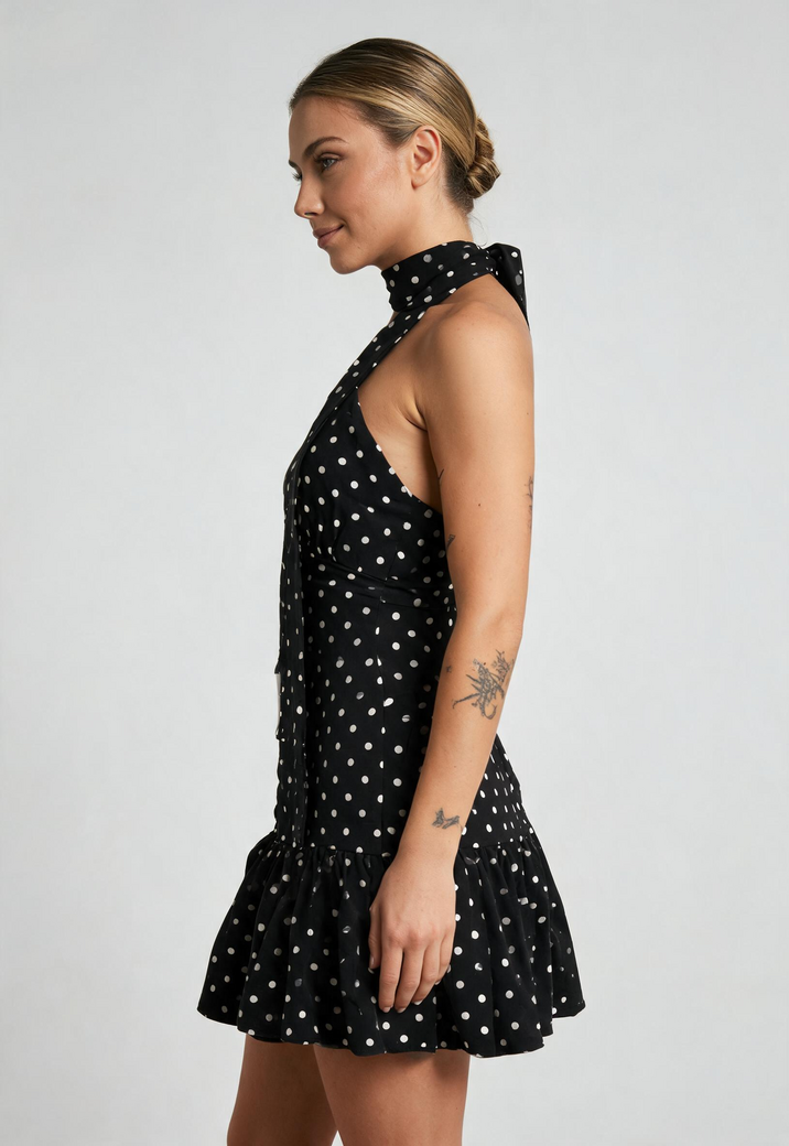 Zwarte Halter Jurk met Witte Stippen en Open Rug