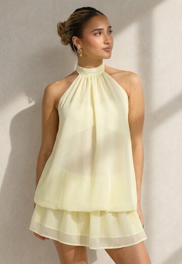 Lichtgele Halter Jurk met Gelaagde Rok