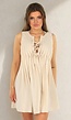 Beige Linnenlook Mouwloos Jurkje met Striksluiting