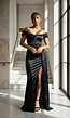 Zwarte Satin Off Shoulder Stretch Galajurk