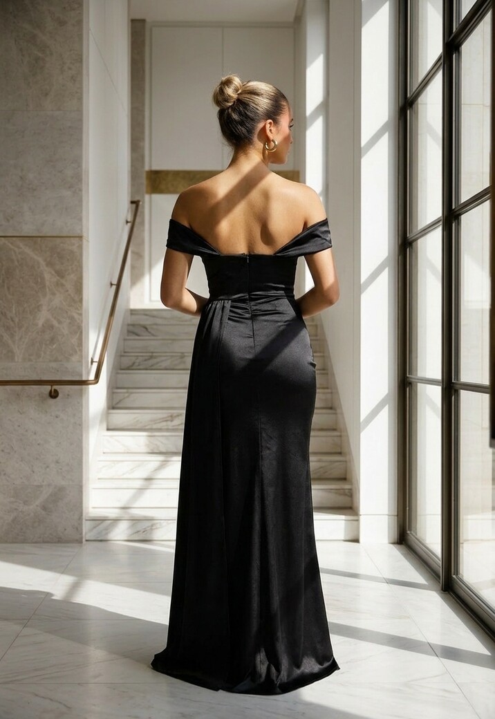 Zwarte Satin Off Shoulder Galajurk met Split