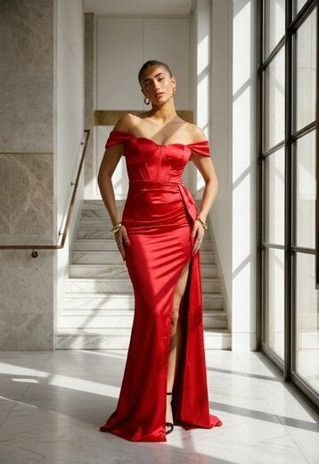 Rode Satijnen Off Shoulder Stretch Maxi Jurk