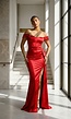 Rode Stretch Satijnen Off Shoulder Maxi Jurk met Split