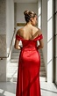 Rode Stretch Satijnen Off Shoulder Maxi Jurk met Split