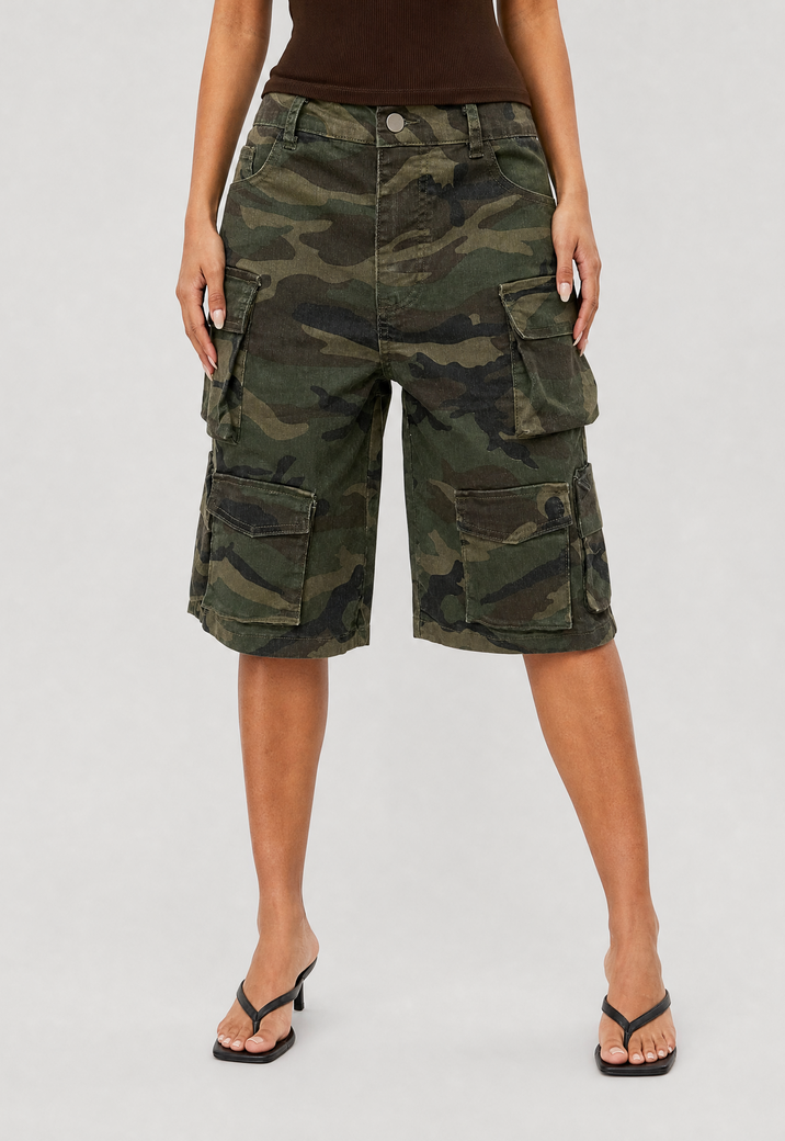 Groene Camouflage Cargo Bermuda Short met Zakken