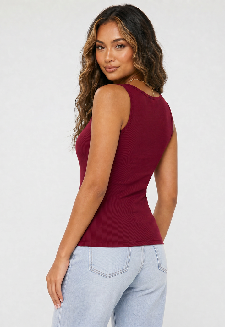 Bordeaux Rood Rib Hemdje met Stretch en Brede Bandjes