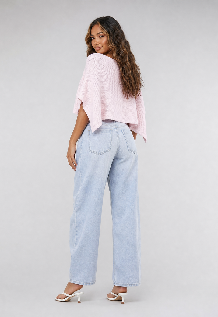 Lichtroze Gebreide Poncho Top met Korte Mouwen