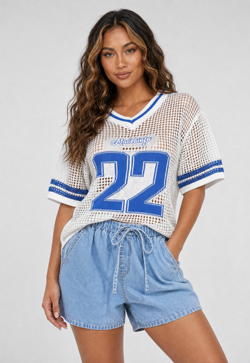 Witte Gebreide Football Top met Blauwe Print