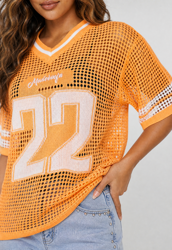 Oranje Jersey Shirt met Cijferprint en Korte Mouwen