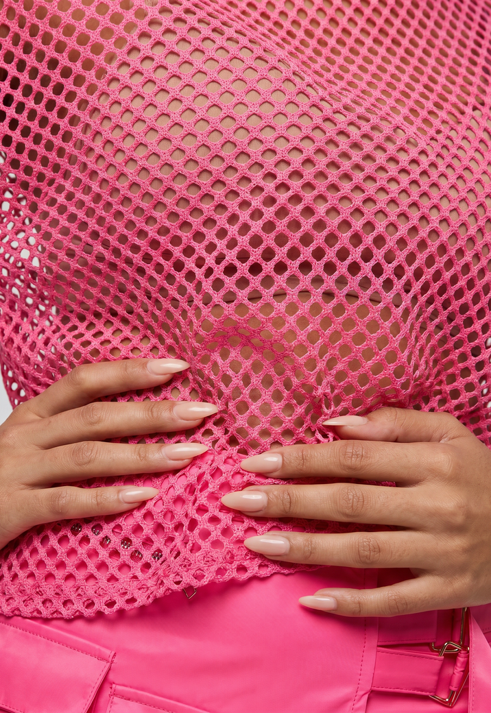 Neon Roze Fishnet Top met Korte Mouwen en Ronde Hals