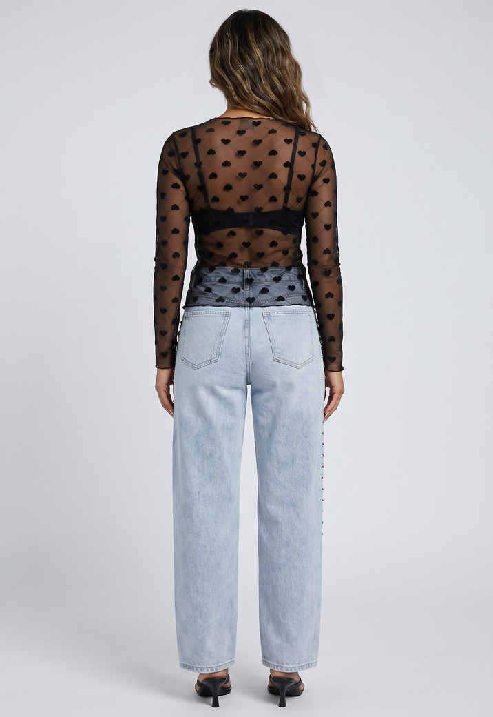 Zwarte Transparante Mesh Top met Hartjes en Lange Mouwen