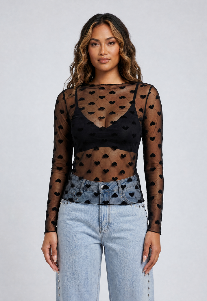 Zwarte Transparante Mesh Top met Hartjes en Lange Mouwen