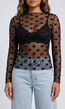 Zwarte Transparante Mesh Top met Hartjes en Lange Mouwen