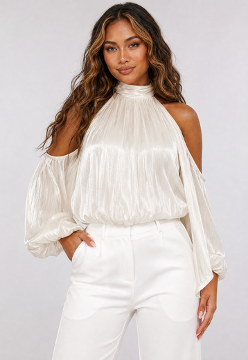 Crème Satijnen Cold Shoulder Top