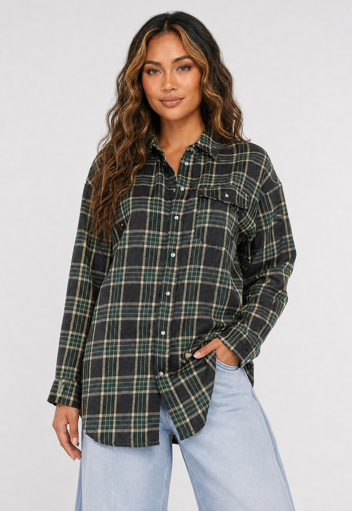 Donkergroene Geruite Blouse met Lange Mouwen en Borstzak