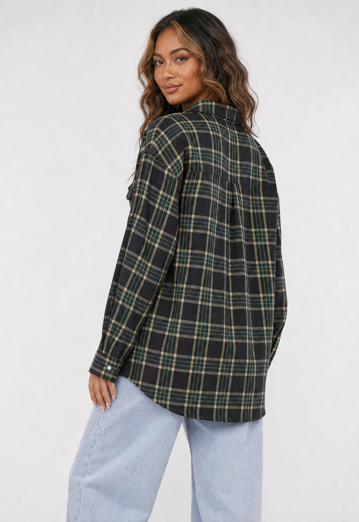 Donkergroene Geruite Blouse met Lange Mouwen en Borstzak