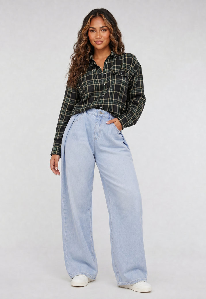 Donkergroene Geruite Blouse met Lange Mouwen en Borstzak