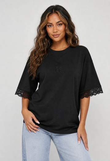Zwart Oversized T-Shirt met Kant details