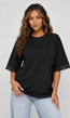 Zwart Oversized T-Shirt met Kantmouwen en Borduring