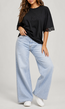 Zwart Oversized T-Shirt met Kantmouwen en Borduring