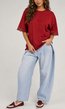 Rood Oversized T-Shirt met Kantmouwen en Borduring