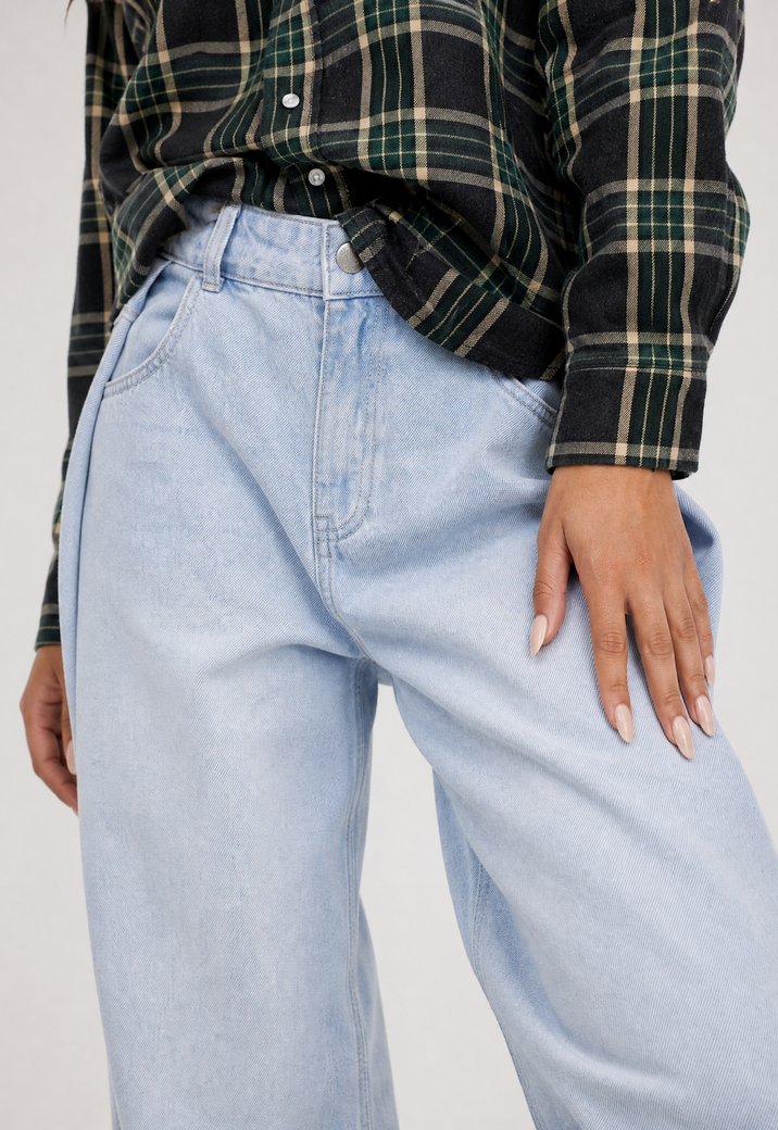 Lichtblauwe Denim Balloon Jeans met Plooien en Hoge Taille