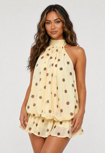 Gele Halter Jurk met Bruine Stippen