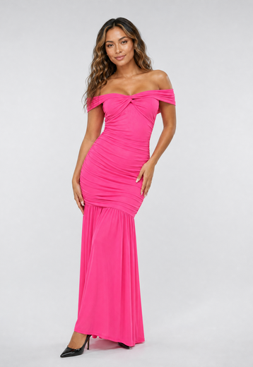 Roze Off Shoulder Maxi Jurk met Mesh