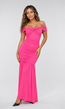 Roze Off Shoulder Maxi Jurk met Geplooide Mesh en Split