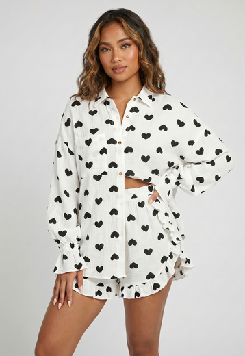 Witte Mousseline Two Piece met Hartjes