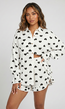 Witte Mousseline Two Piece met Zwarte Hartjes en Ruffles