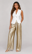 Gouden Wide Leg Broek met Plooien en Stretch Taille