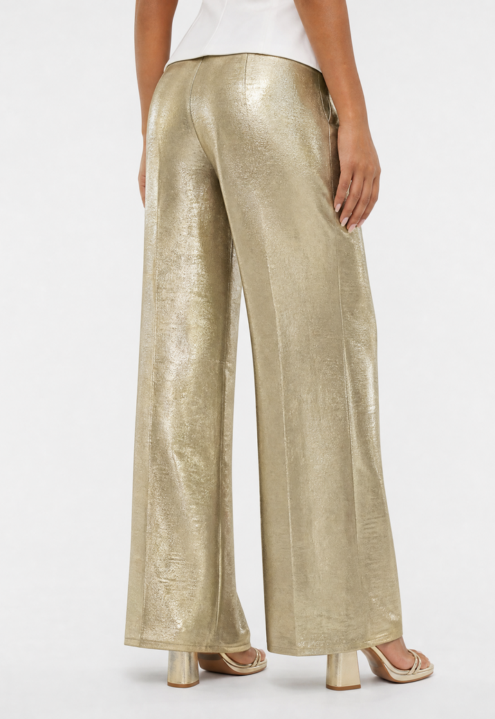 Gouden Wide Leg Broek met Plooien en Stretch Taille