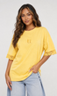 Geel Oversized T-Shirt met Kantmouwen en Borduring