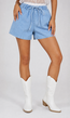 Lichtblauwe Denim Short met Elastische Taille en Striksluiting