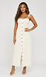 Crème Maxi Jurk met Smokwerk, Knopen en Strikbandjes