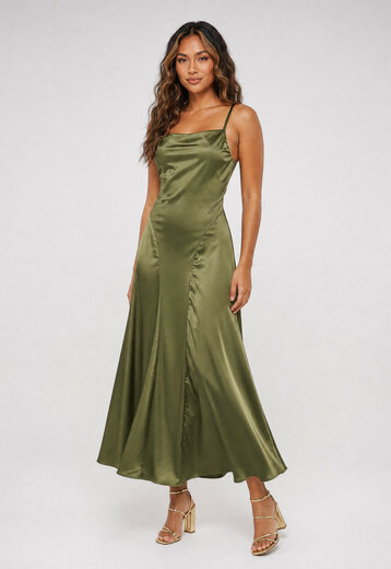 Groene Satijnen Maxi Jurk met Open Rug