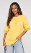 Geel Oversized T-Shirt met Kantmouwen en Borduring