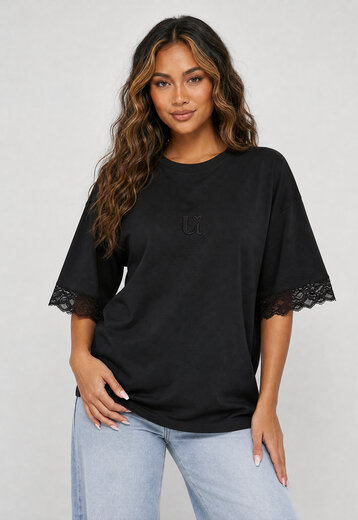 Zwart Oversized T-Shirt met Kant details