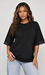 Zwart Oversized T-Shirt met Kantmouwen en Borduring