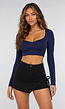 Donkerblauwe Crop Top met Lange Mouwen en Push Up Pads