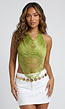 Groene Fringe Halter Top met Open Rug