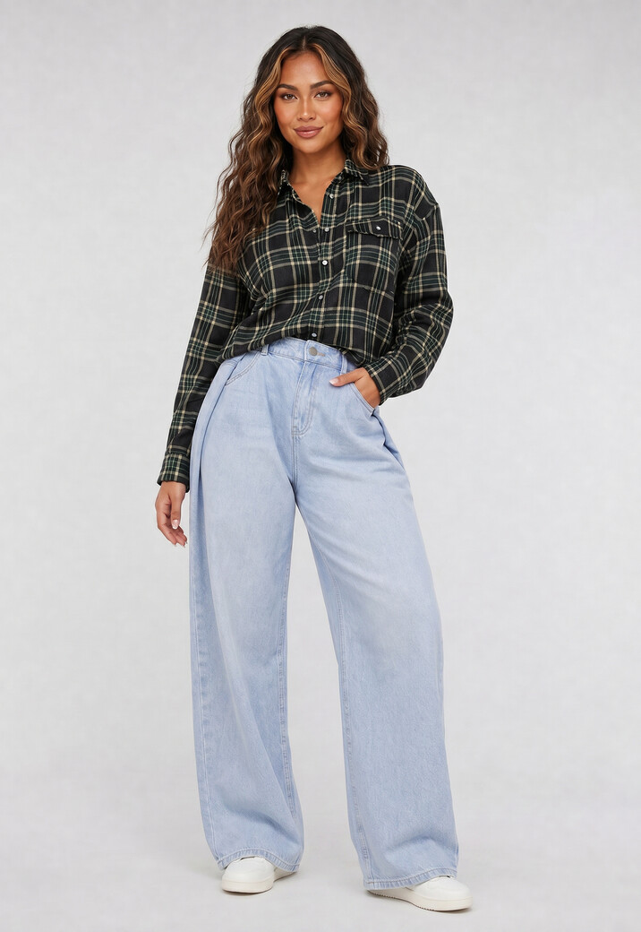 Donkergroene Geruite Blouse met Lange Mouwen en Borstzak