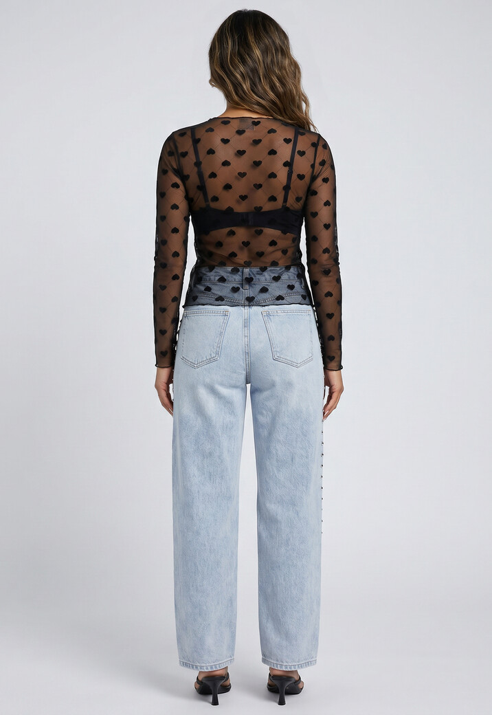 Zwarte Transparante Mesh Top met Hartjes en Lange Mouwen