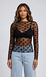 Zwarte Transparante Mesh Top met Hartjes en Lange Mouwen