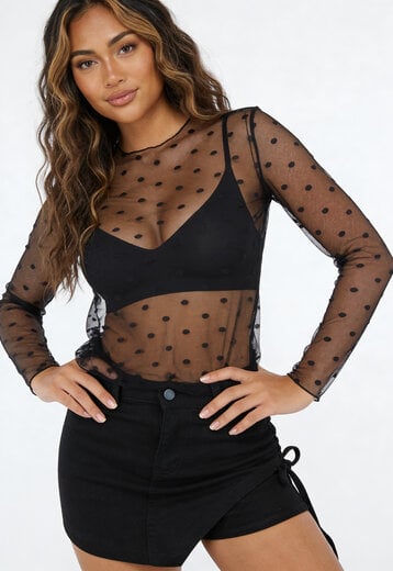 Zwarte Mesh Top met Stippen