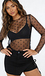 Zwarte Transparante Mesh Top met Lange Mouwen en Stippen