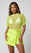 Neongele Fishnet Crop Top met Korte Mouwen