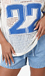 Witte Gebreide Football Top met Blauwe Strepen en Nummer Print