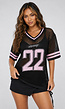 Zwart Gebreide Jersey met Roze Cijferprint en Korte Mouwen